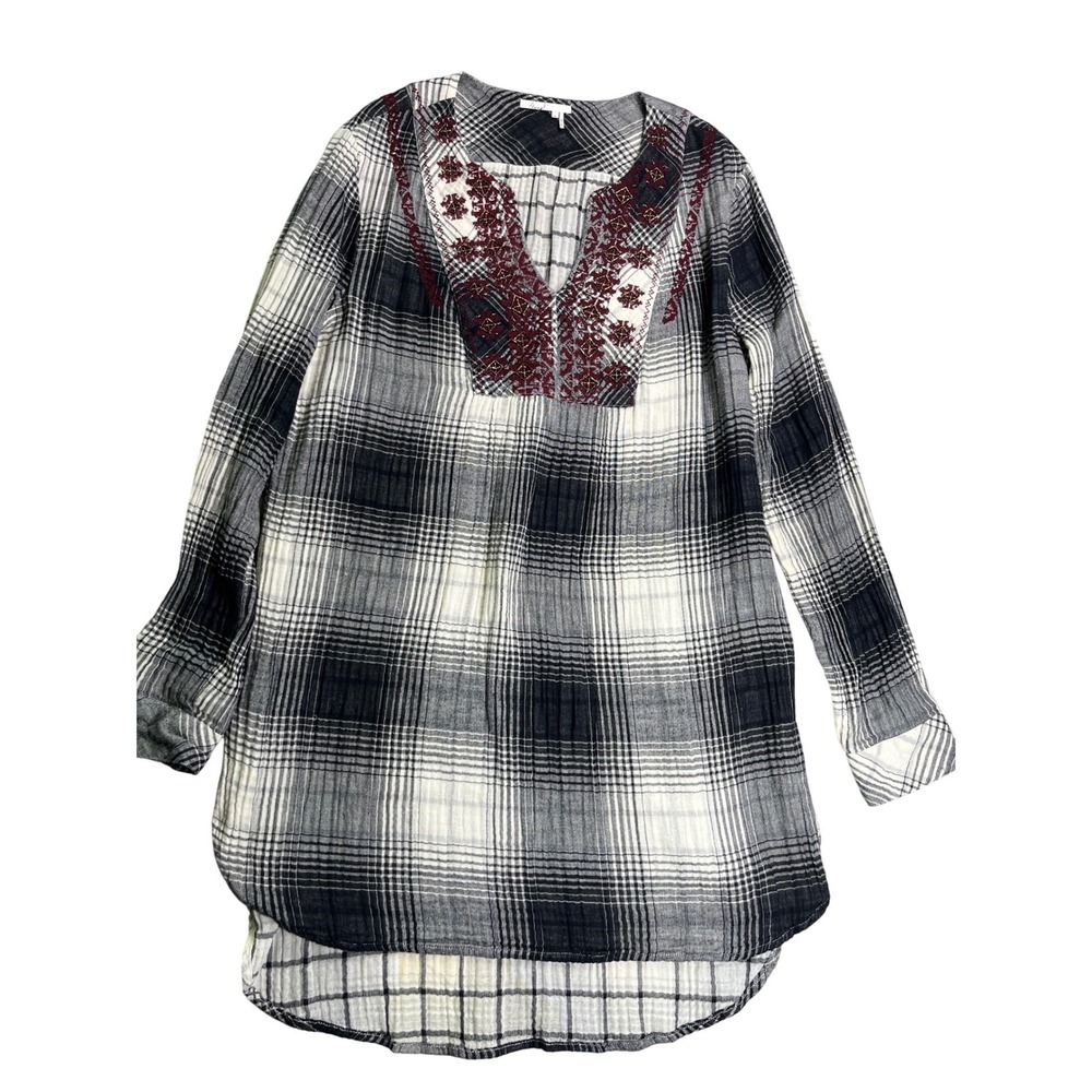 Floreat Anthropologie Plaid Embroidered Tunic Dress Boho Beaded Medium